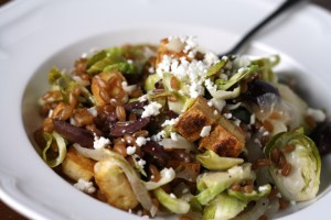 Warm Wheatberry, Brussels Sprout Salad with Feta and Crispy Tofu ~ ElephantEats.com